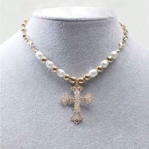 Glamorous Gold Pearl & Rhinestone Cross Pendant Necklace